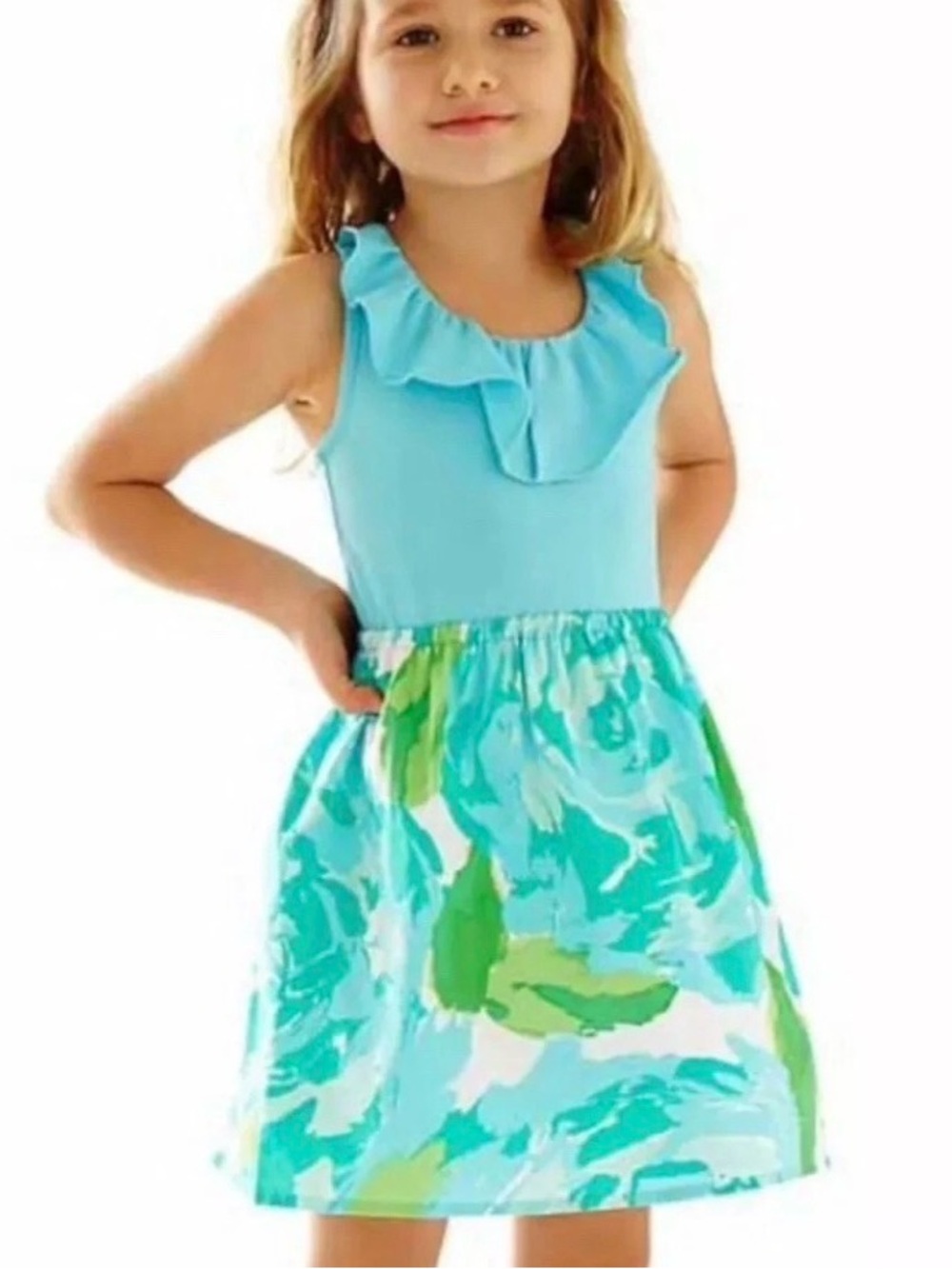 Lilly Pulitzer Little Lorine Girls' Aqua Ruffle Neck Print Skirt Dress size 6/7